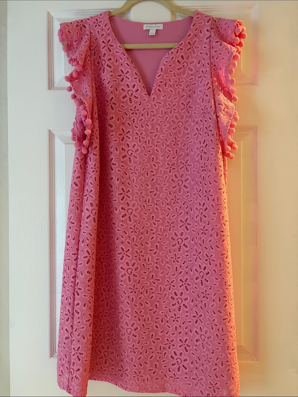 Charter Club Pink Eyelet Shift Dress with Pom Trim
